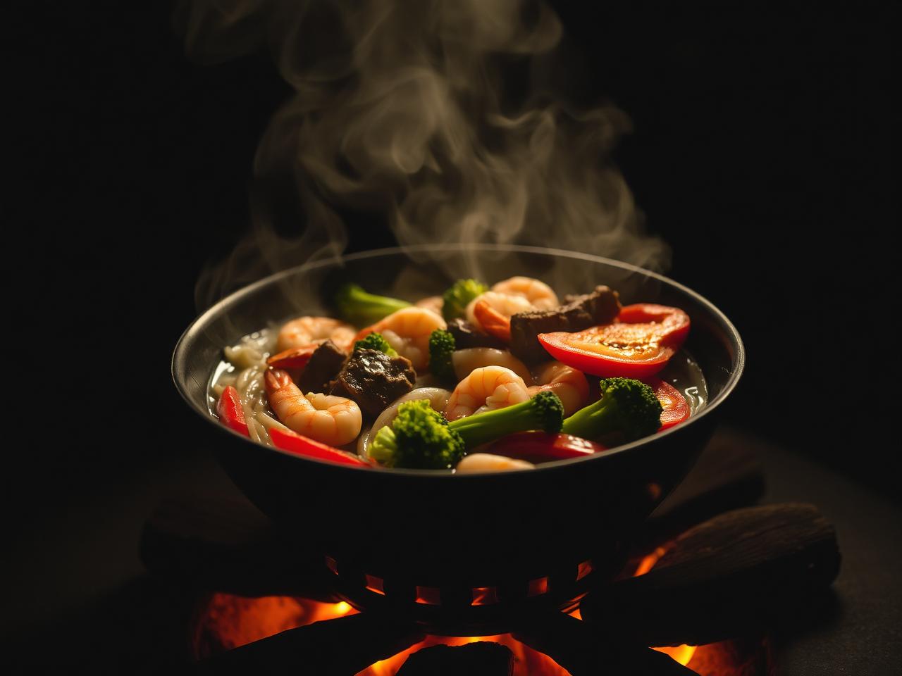 Sizzling Mongolian grill bowl with noodles, beef, prawns and vegetables over flames
