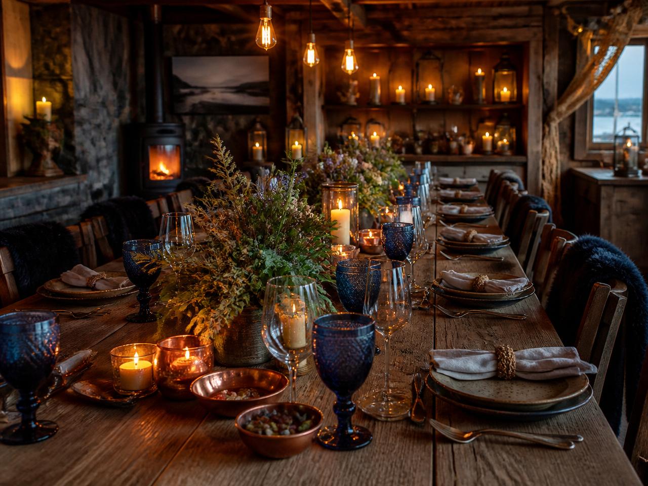 A long rustic table set for a private dinner with candles and copper tableware