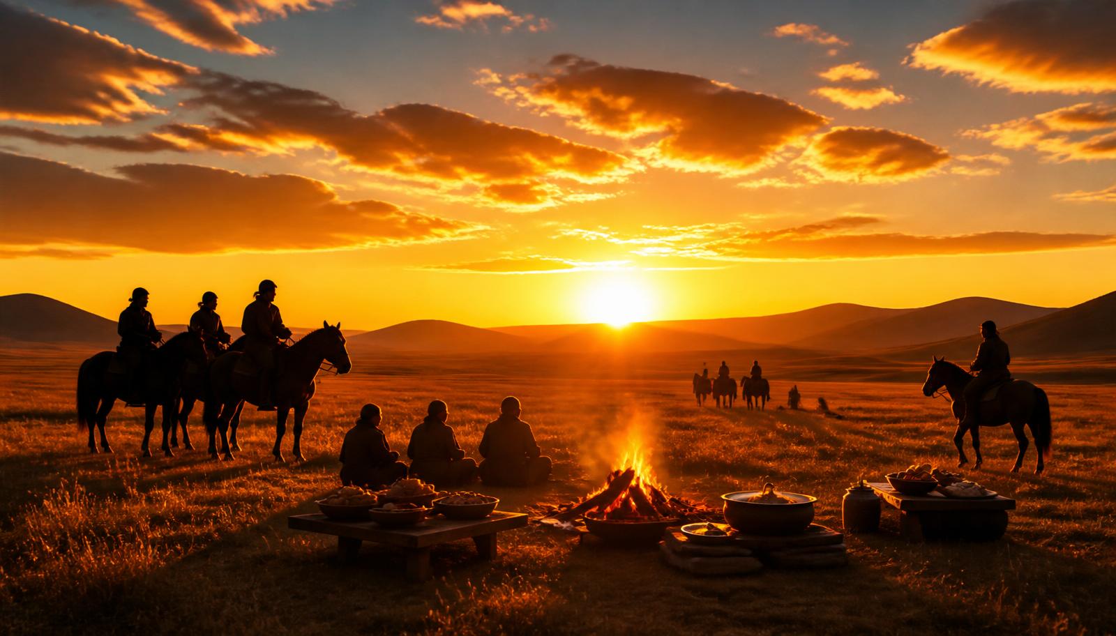 Silhouetted figures gathered around a fire on the steppe at dusk, with food around the flames